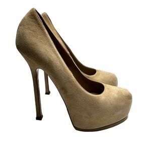 YSL Yves Saint Laurent Suede Platform Pumps Beige Size 39 (US 8.5) Italy VTG Y2K